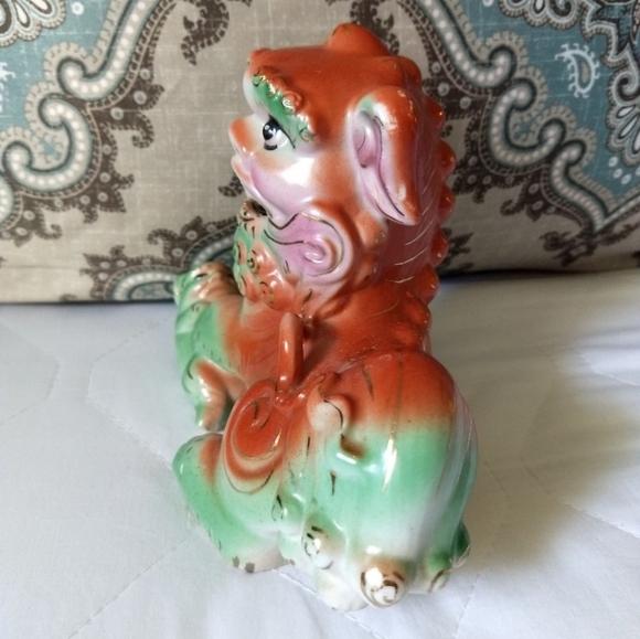 Rare Antique Female Hand-painted Orange & Green Chinese Feng Shui Foo Dog Lion - Picture 10 of 12